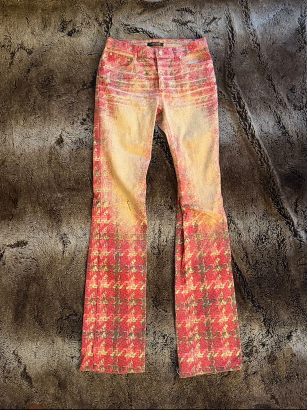 Roberto Cavalli Pink and Yellow Houndstooth Flare Jeans